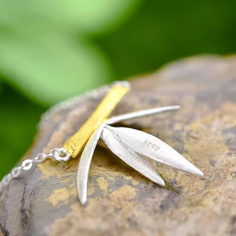Necklace with bamboo pendant, 925 silver, 18K gold