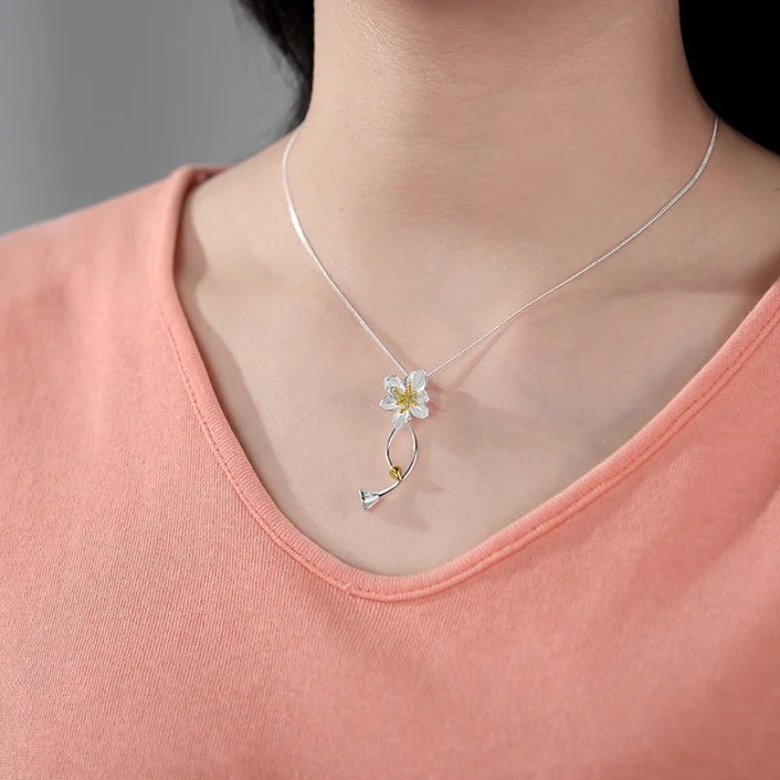 Necklace with Lotus Flower Pendant, 925 Silver, 18K Gold