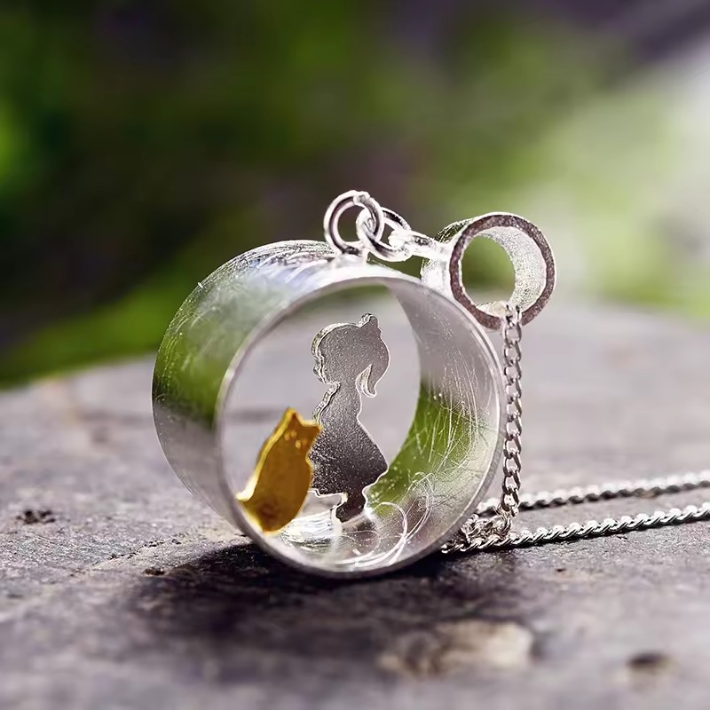 Necklace "Meeting Love" girl or boy with cat, 925 silver, 18K gold