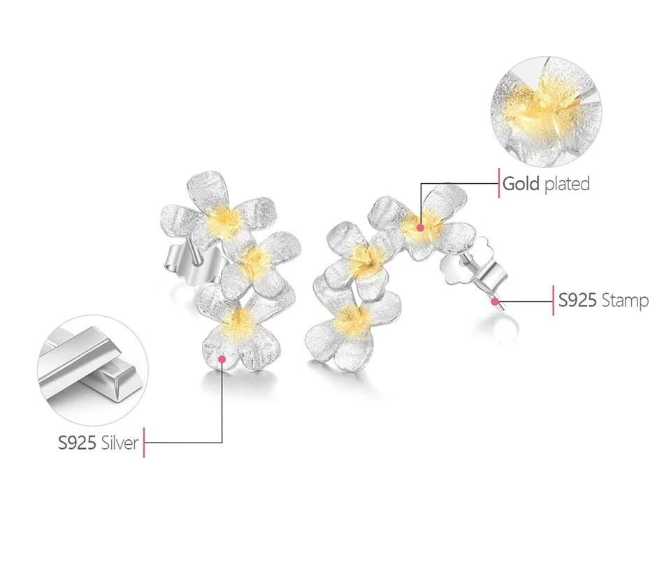 Delicate Blossom Stud Earrings, 925 Silver, 18K Gold