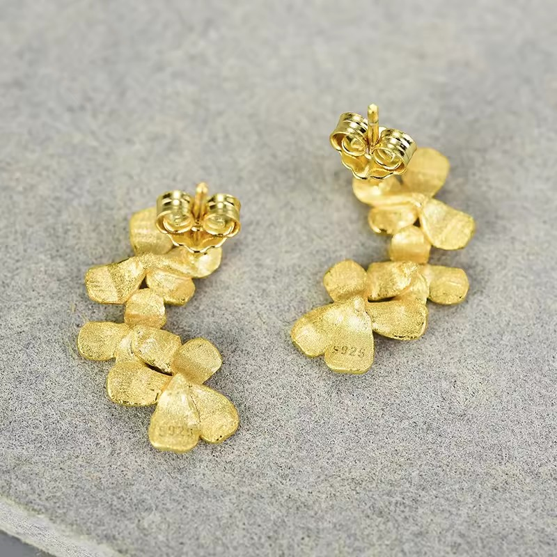 Delicate Blossom Stud Earrings, 925 Silver, 18K Gold