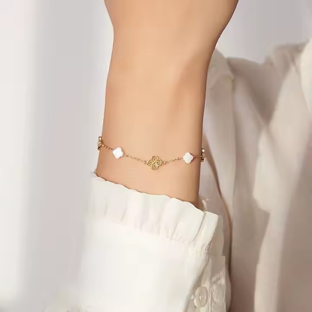 Zartes Armband Kleeblatt mit Muschel, 925 Sterling Silber, 14K Gold