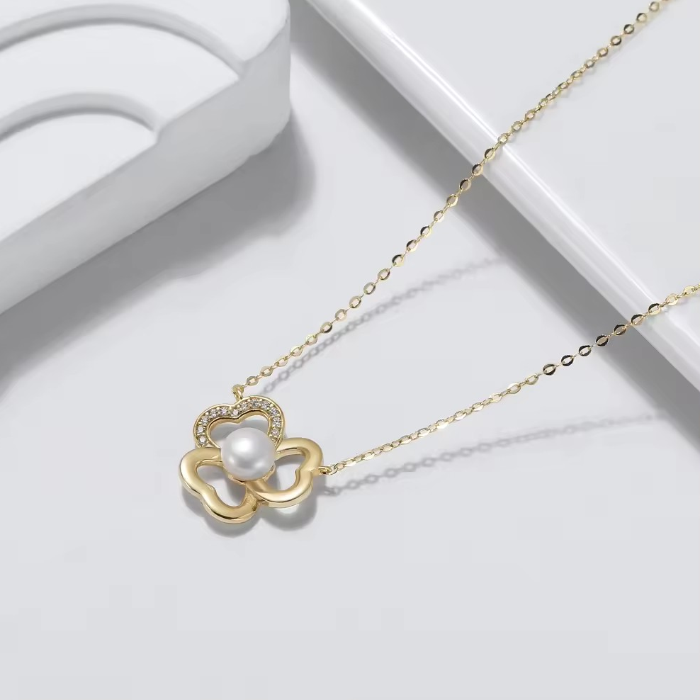 Elegant necklace with flower pendant, freshwater pearl, 925 silver, 14K gold