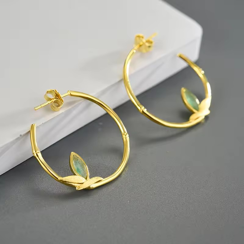 Leaf Hoop Earrings with Natural Aventurine, 925 Silver, 18K Gold