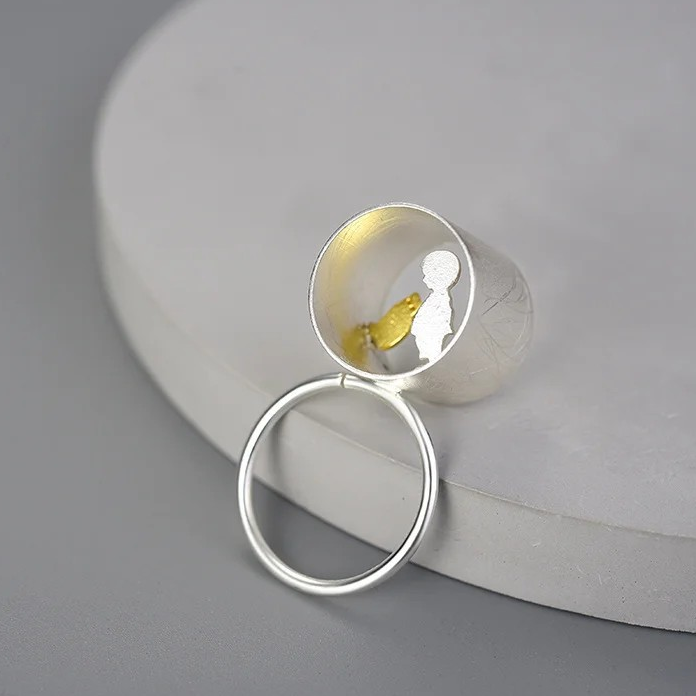 Ring "Meeting Love" girl or boy with cat, 925 silver, 18K gold