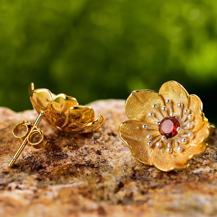 Handmade stud earrings "Blooming Anemone" with garnet