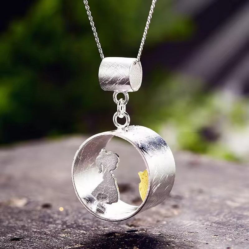 Necklace "Meeting Love" girl or boy with cat, 925 silver, 18K gold