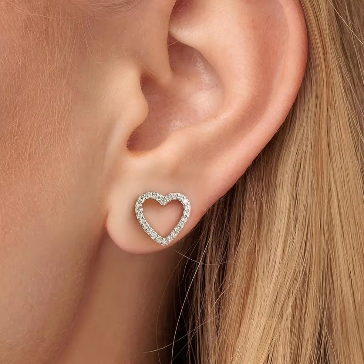 Open Heart Stud Earrings, 925 Silver, Rose Gold