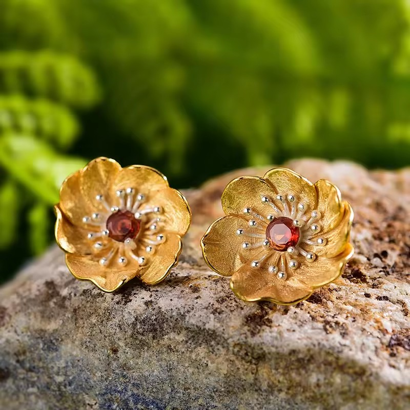 Handmade stud earrings "Blooming Anemone" with garnet