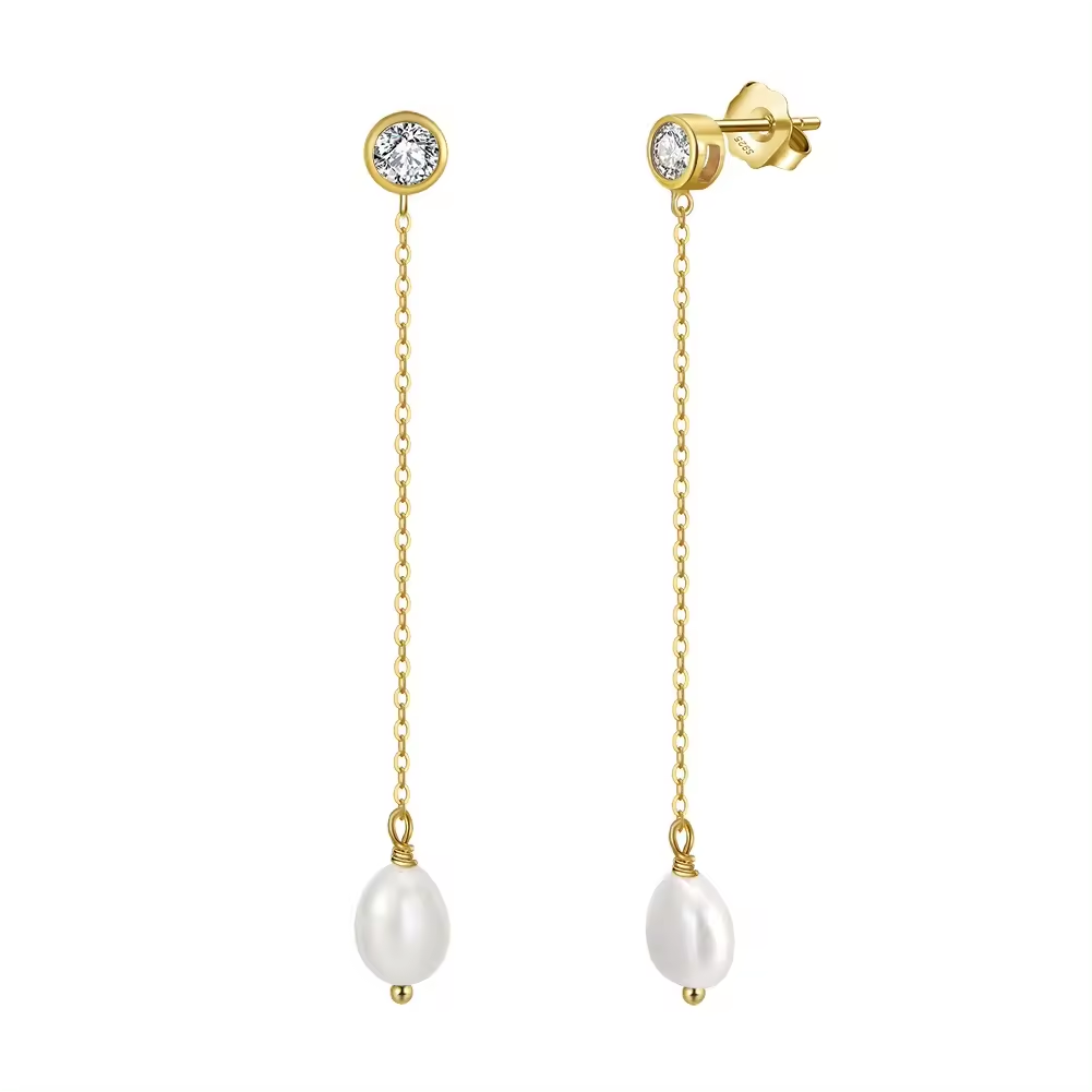 Drop earrings with zircon and pearl on a delicate chain