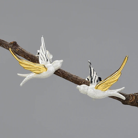 Handmade earrings "Swallow of Freedom", 925 silver, 18K gold