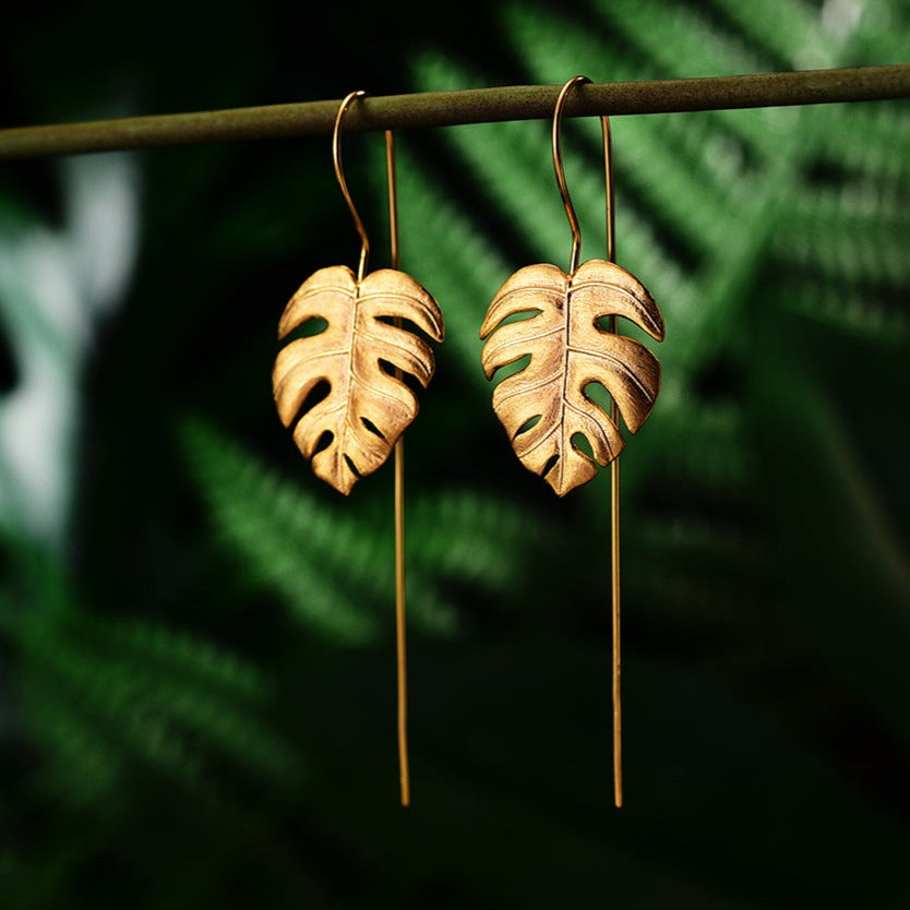 Monstera leaf earrings and ring