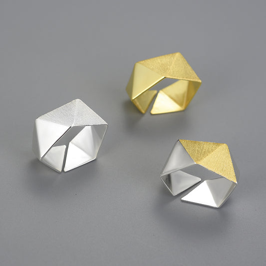 Handmade geometric ring, 925 silver, 18K gold