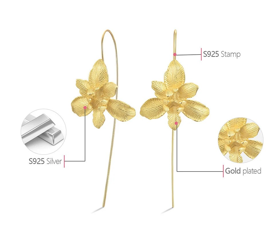 Handmade Iris Flower Earrings, 925 Silver, 18K Gold