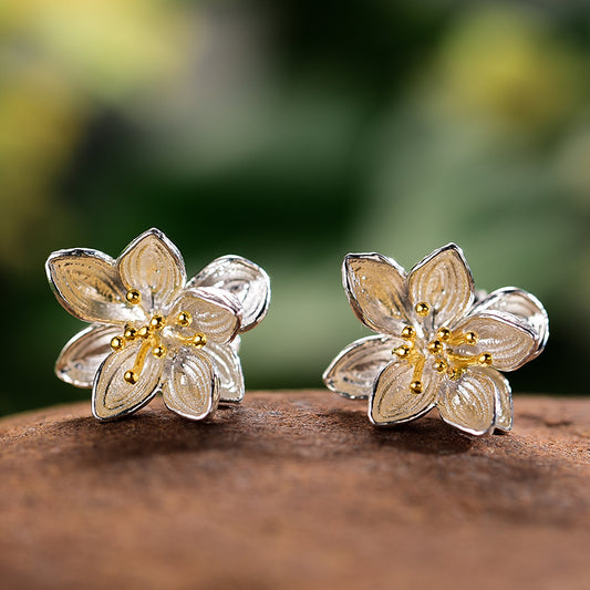 Lotus Flower Stud Earrings, 925 Silver, 18K Gold