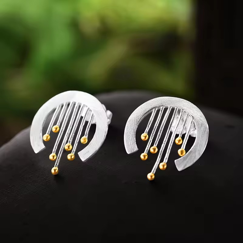 Handmade earrings "Flower Cut", 925 silver, 18K gold