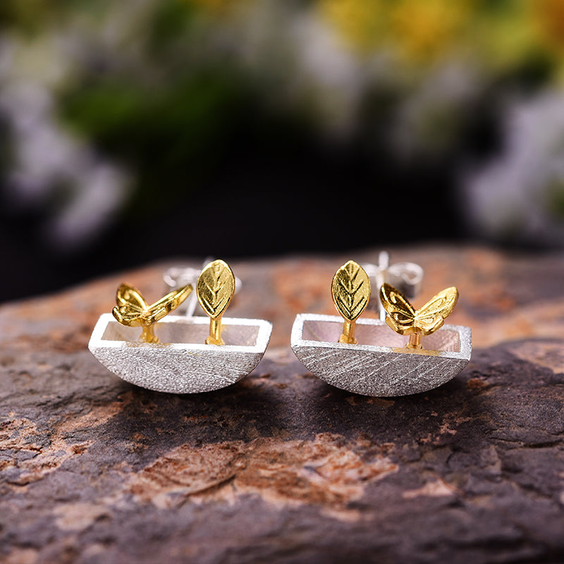 Small garden butterflies and flower stud earrings