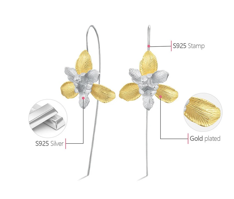 Handmade Iris Flower Earrings, 925 Silver, 18K Gold