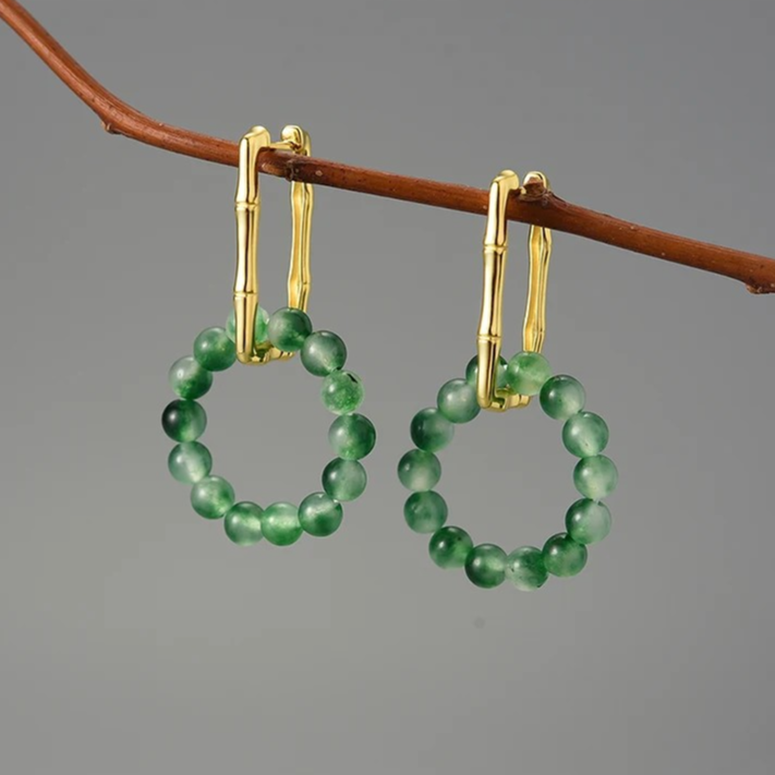 Rectangle Bamboo Hoop Earrings with Agate Circle, 925 Silver, 18K Gold