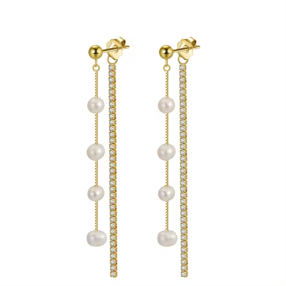 Festive Drop Earrings Zircon Freshwater Pearls Gold