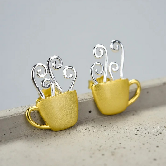 Tasse mit heißem Kaffee Ohrstecker, 925er Silber, 18K Gold