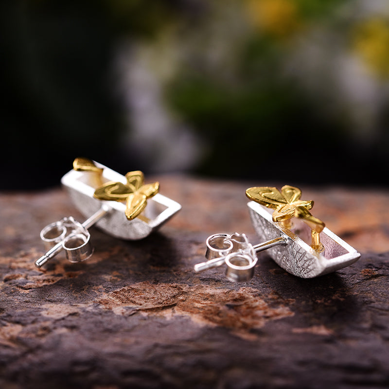 Small garden butterflies and flower stud earrings