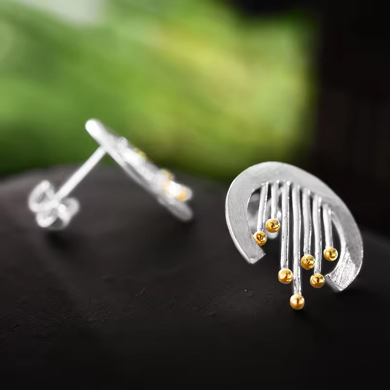 Handmade earrings "Flower Cut", 925 silver, 18K gold