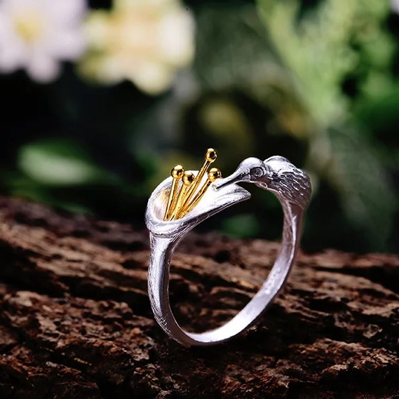 Handmade ring "Hummingbird drinking from the flower" 925 silver, 18K gold