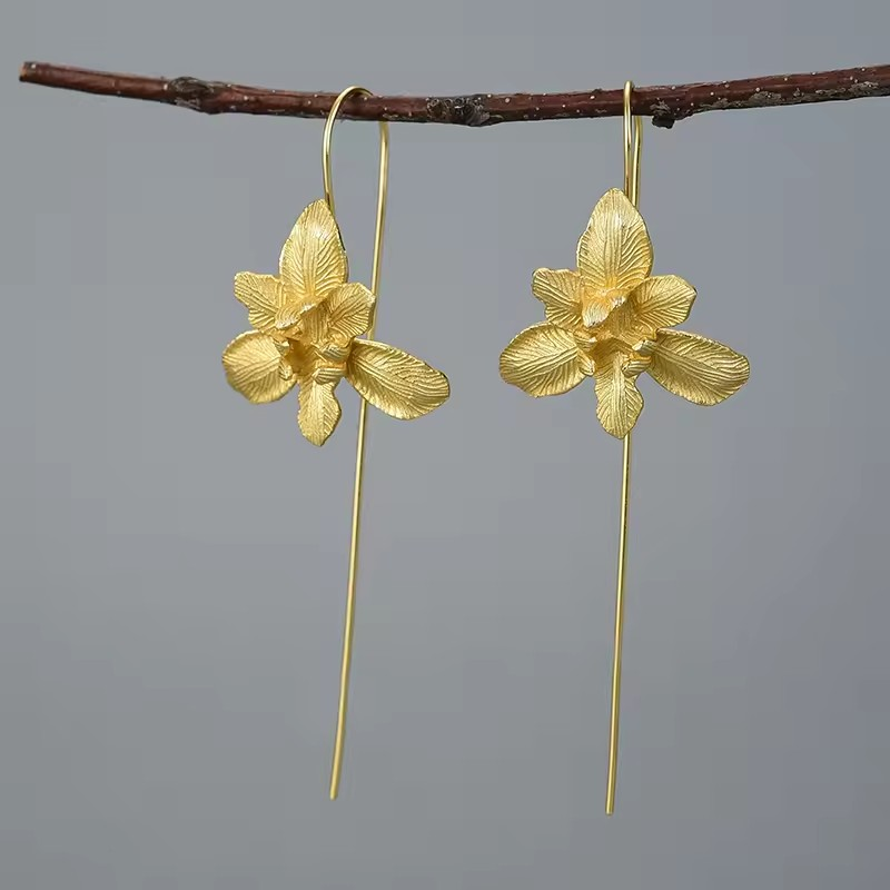 Handmade Iris Flower Earrings, 925 Silver, 18K Gold