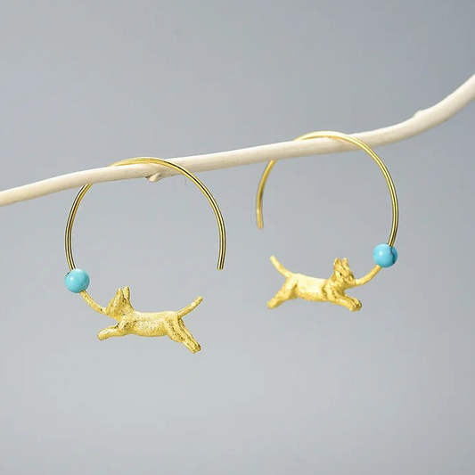 Handmade hoop earrings "Playing Cat", 925 silver, 18K gold