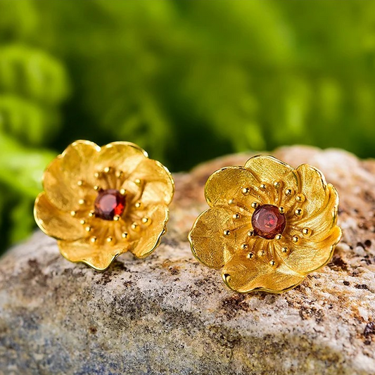 Handmade stud earrings "Blooming Anemone" with garnet