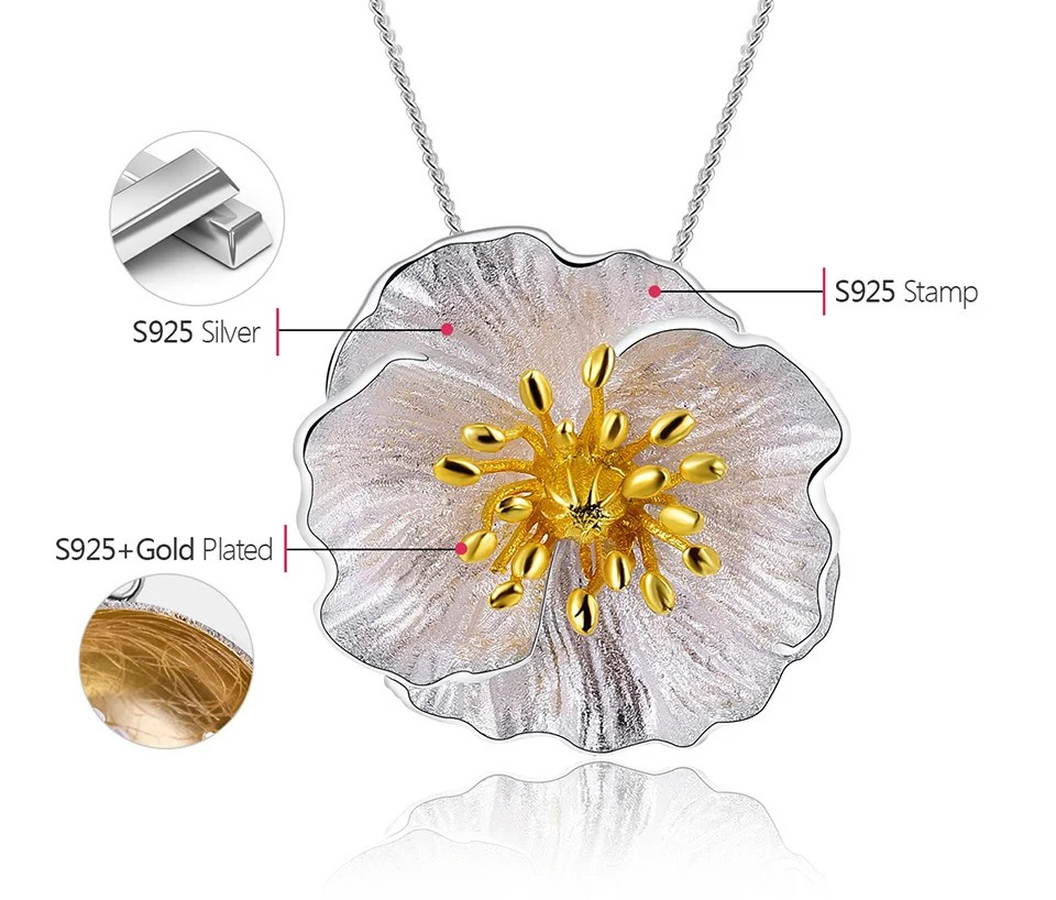 Handgefertigte Halskette mit Mohnblume Anhänger, 925er Silber, 18K Gold