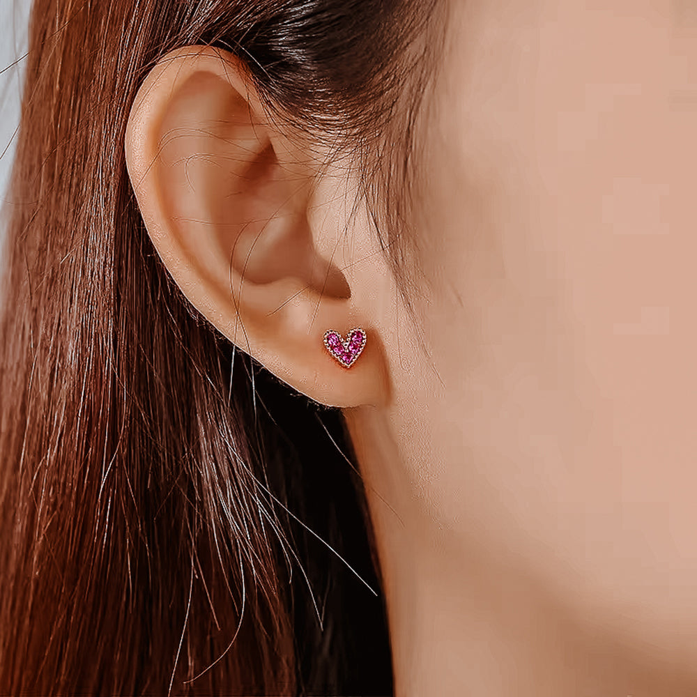 Pink heart stud earrings, 925 silver, rose gold