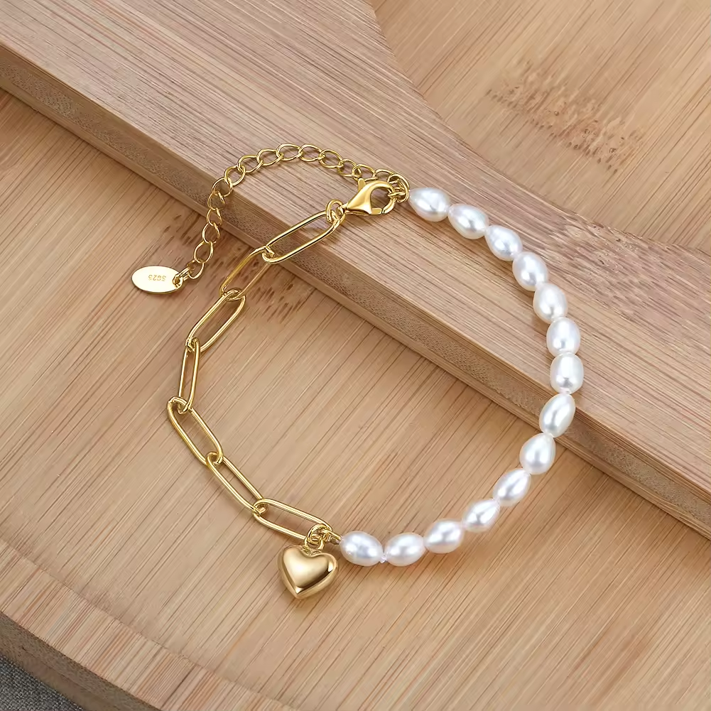 Pearl bracelet and pearl necklace with heart pendant, 925 silver, 14K gold