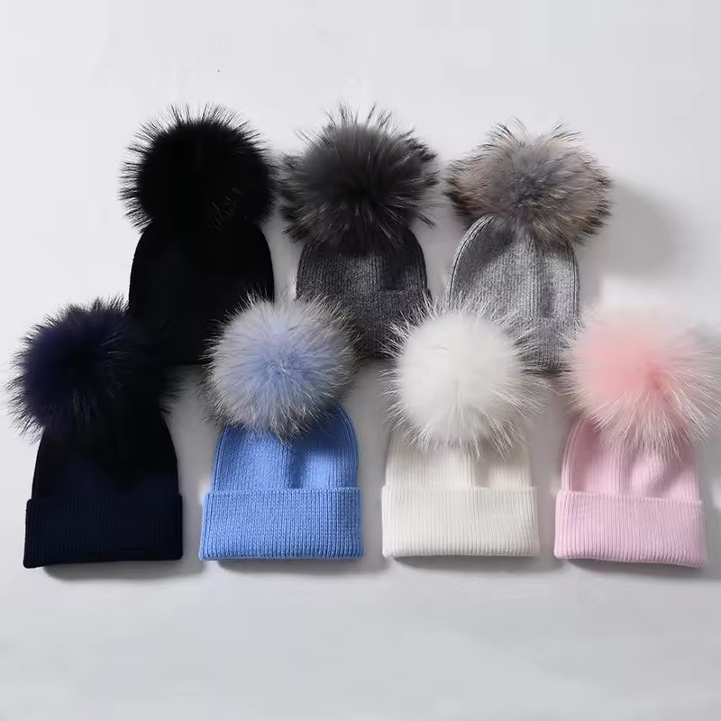 Cashmere and Merino Wool Mom and Daughter Matching Hats with Pompom