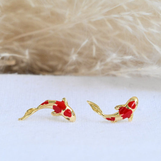 Small Koi Red Carp Stud Earrings, 925 Silver, 18K Gold, Zircon