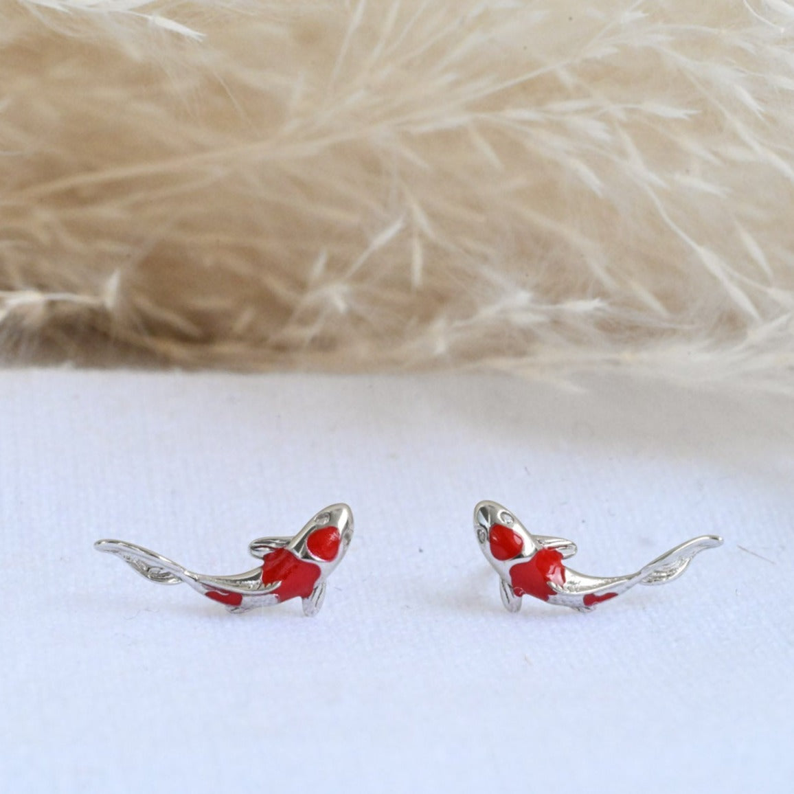 Small Koi Red Carp Stud Earrings, 925 Silver, 18K Gold, Zircon