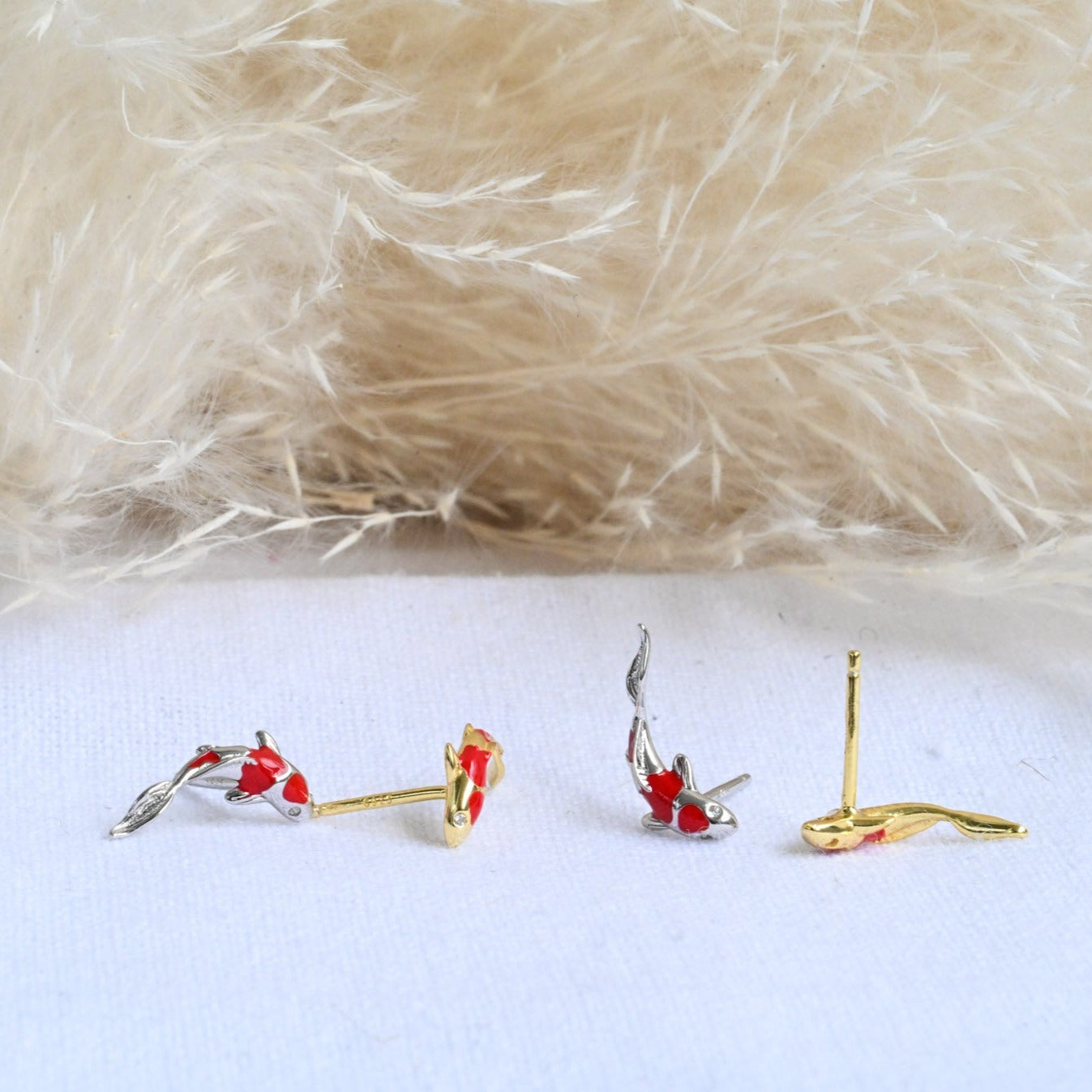 Small Koi Red Carp Stud Earrings, 925 Silver, 18K Gold, Zircon