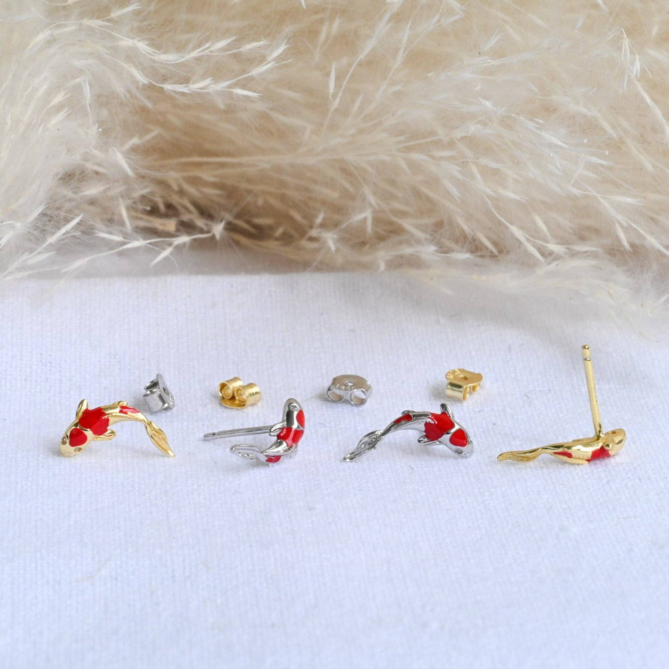 Small Koi Red Carp Stud Earrings, 925 Silver, 18K Gold, Zircon