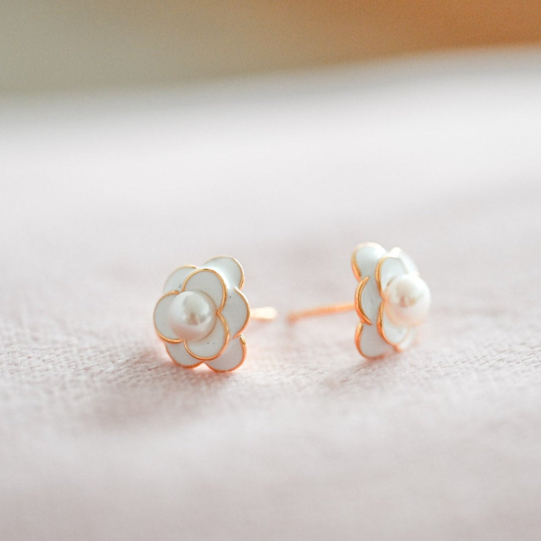 White Camellia with Pearl Stud Earrings, 925 Silver, 18K Gold, Enamel