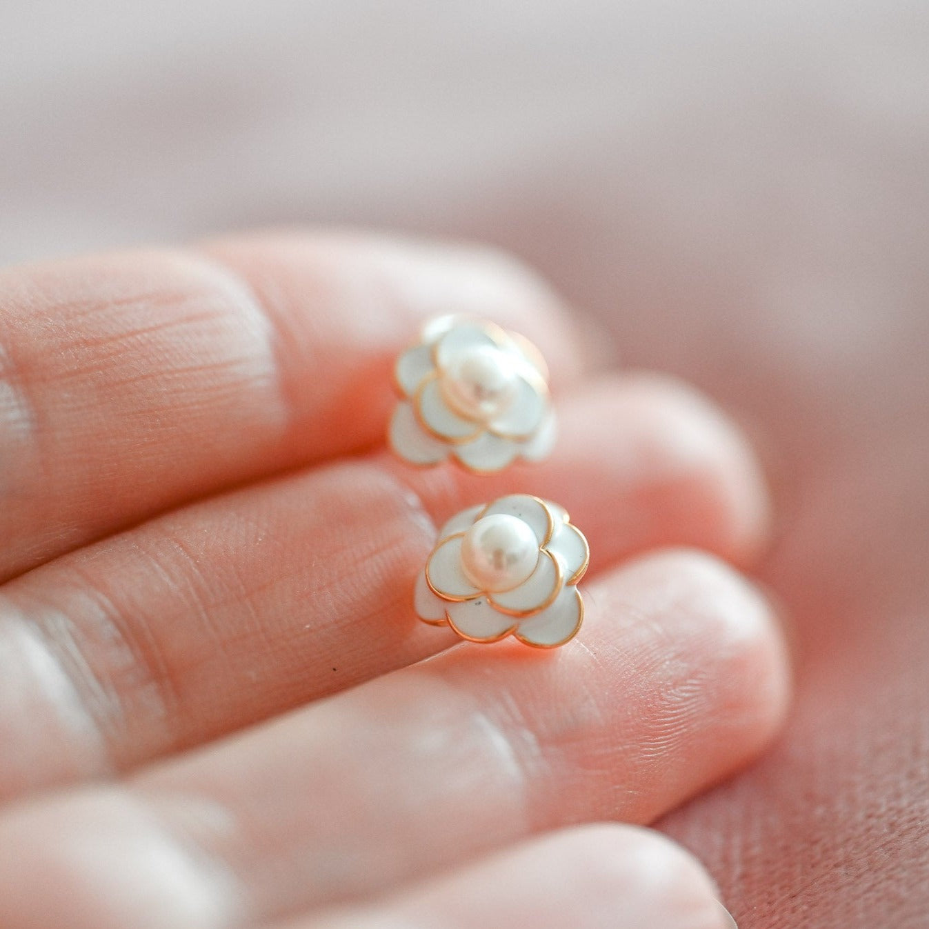 White Camellia with Pearl Stud Earrings, 925 Silver, 18K Gold, Enamel