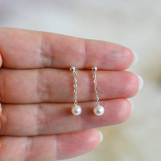 Handmade minimalist chain earrings, freshwater pearl, 925 silver