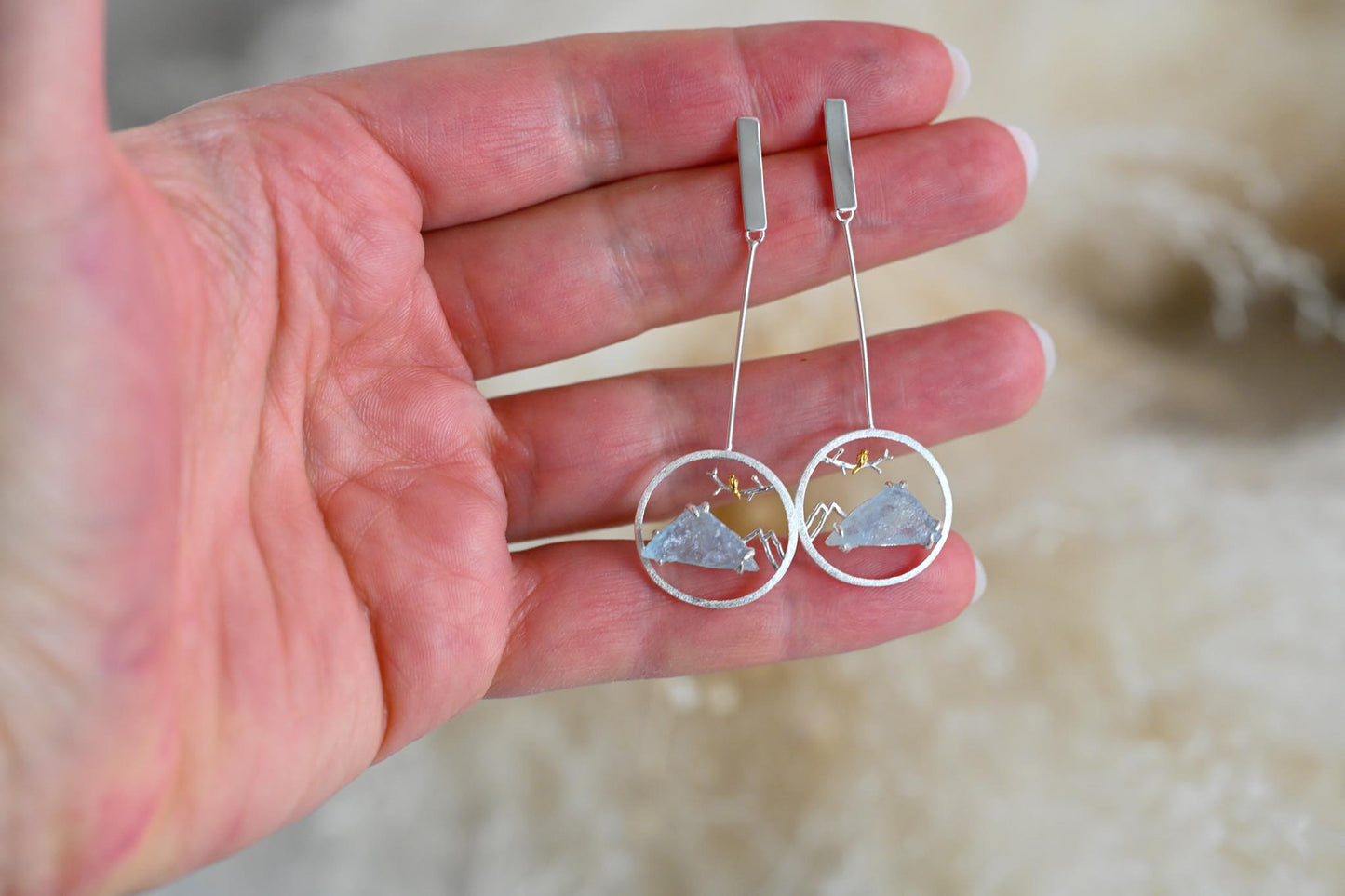 Handmade drop earrings Aquamarine Mountains, 925 Silver, 18K Gold