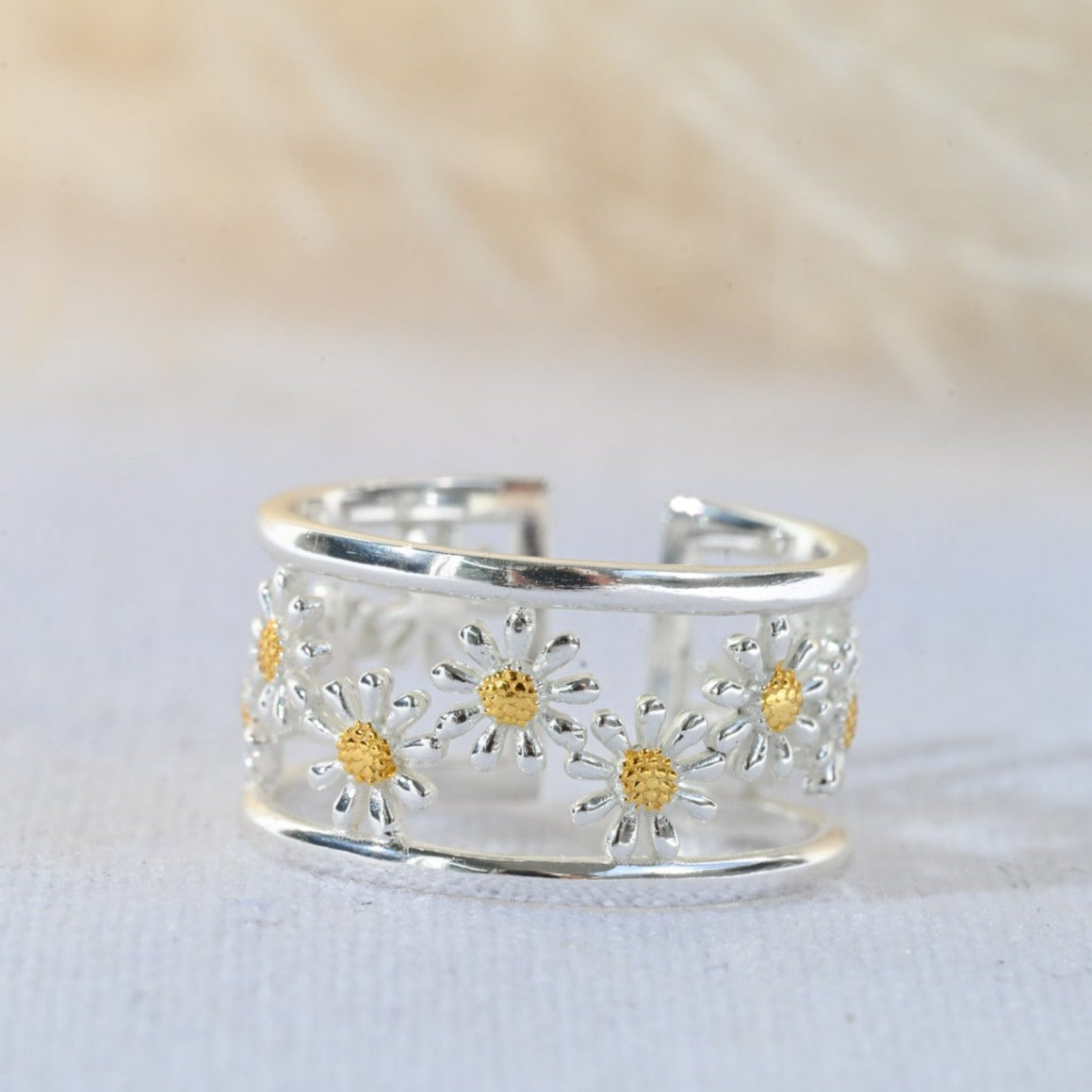 Handmade wide ring "Bird and Flower"