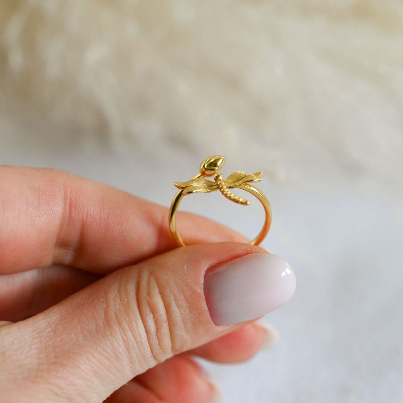 Handmade Dragonfly Ring, 925 Silver, 18K Gold