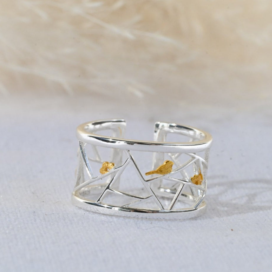 Handmade wide ring "Bird and Flower"