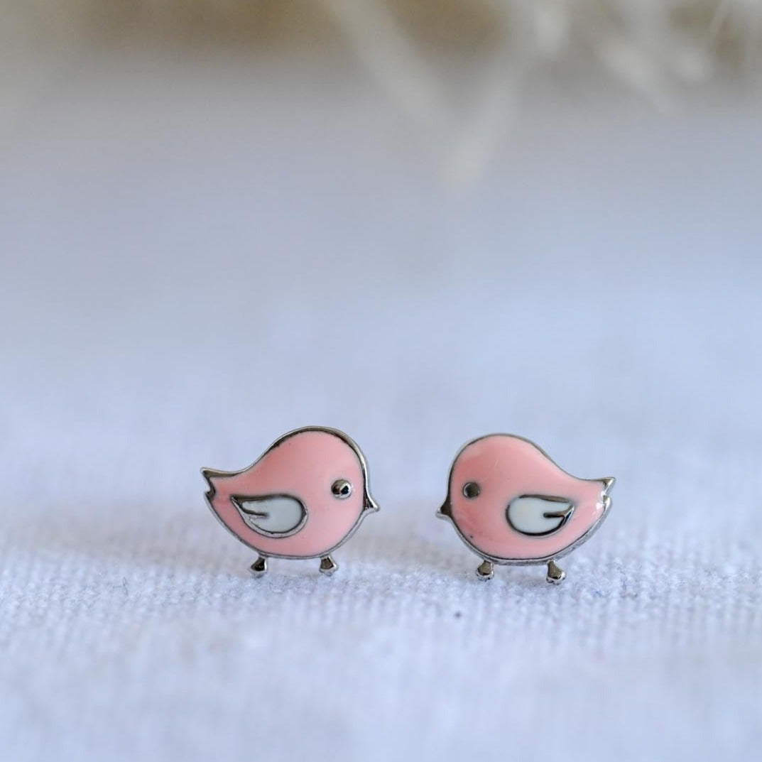 925 Sterling Silver Pink Bird Stud Earrings for Girls