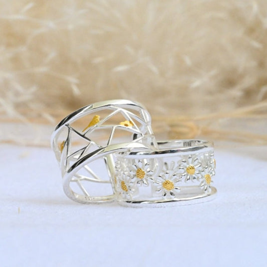 Handmade wide ring "Bird and Flower"