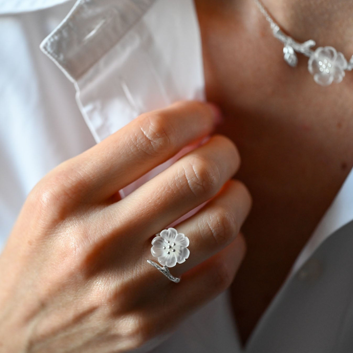 Handmade size adjustable ring "Flower in the rain"