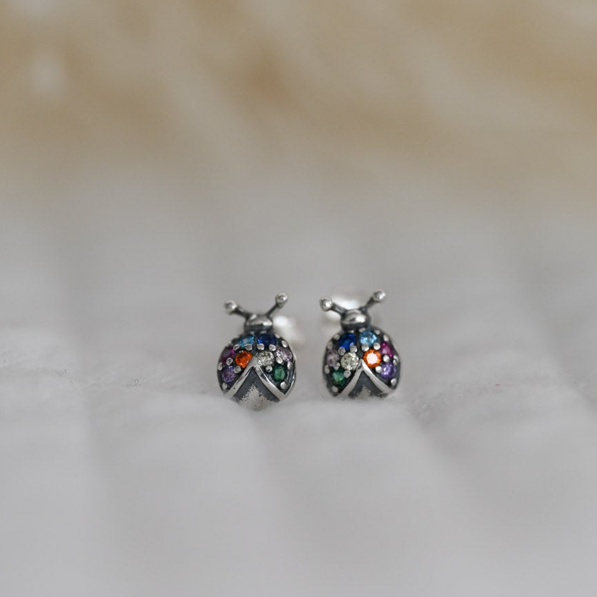 Rainbow stud earrings – ladybug earrings made of 925 sterling silver with colorful zircon stones